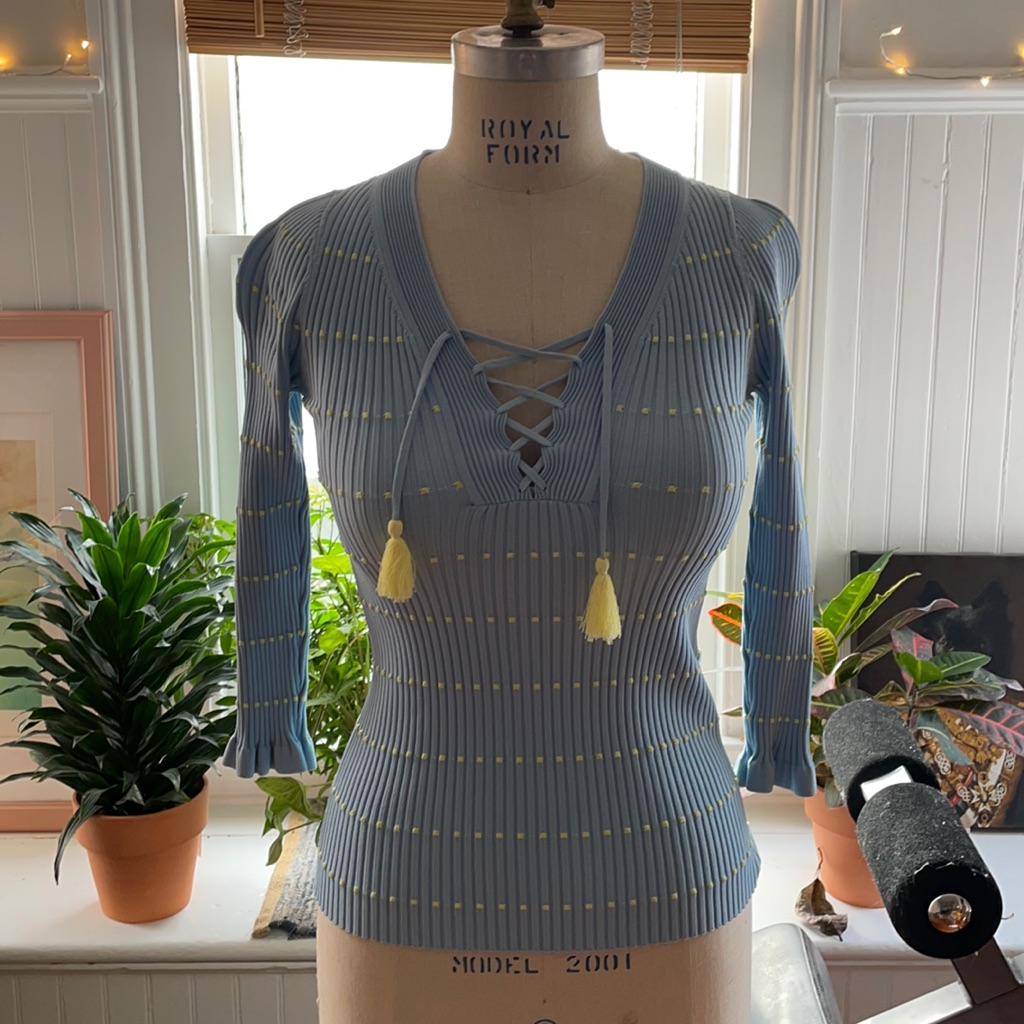 Sandro Paris Blue And Yellow 3/4 Sleeve Top